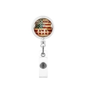 Detail view of Route 66 badge reel with retractable cord and durable metal back clip - Retro Flag Shield Style (6)