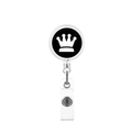 Detail view of chess crown badge reel with retractable cord and durable PVC strap - White Crown on Black (18)