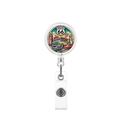 Detail of retractable badge reel featuring retro Route 66 diner and car illustration - Nostalgic Diner Car Style (9)