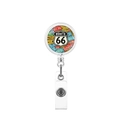 Detail of retractable badge holder featuring a vintage Route 66 highway shield design - Industrial Road Shield Style (21)