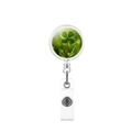 Macro detail of retractable clover badge reel with polished metal ring and plastic clip - Fresh Natural Clover Metal Ring Style (7)