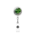 Close-up of retractable ID badge reel with lucky four-leaf clover design and metal clip - Round Clear Cover Printed Clover Style (6)