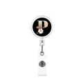 Detail of retractable badge holder with letter P and pink floral design on black background - Letter P