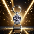 Detail view of silver metal bottle opener keychain featuring moon surface texture - Moon