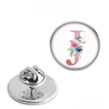 Detailed front and back view of silver stainless steel lapel pin with letter J floral design - Letter J