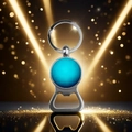 Detailed view of silver bottle opener keychain with a blue solar system crystal glass dome - Neptune
