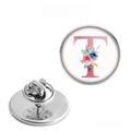 Detailed front and back view of silver brooch with floral letter T design on white base - Letter T
