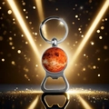 Close-up of silver metal bottle opener keychain with solar system planet glass dome - Venus