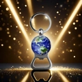Detailed macro view of Earth-themed metal bottle opener keychain with glossy glass dome inlay - Earth