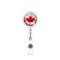 Close-up of retractable badge reel with Canada flag maple leaf design on silver metal - Red Artistic Spray Paint Style (11)