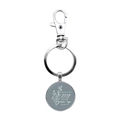 Close-up of silver keychain with Luke 18:1 bible quote and floral pattern on blue pendant - Luke 18:1 Gray Blue Background Floral Style