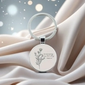 Detail of silver scripture keychain with inspirational text on soft silk fabric - Philippians 4:6(7)