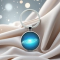 Detailed close-up of a blue galaxy glass cabochon pendant on a silver polished metal keychain - Blue Galaxy