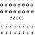 32-piece set of chess theme keychains in black and white with silver metal rings - 32-Piece Set