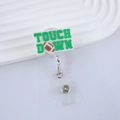 Detail of retractable badge holder with green Touch Down lettering and football motif - Rugby Slogan (18)