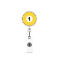 Dettaglio del porta badge retrattile a palla da biliardo gialla con numero uno nero - Palla No.1