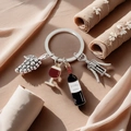 Red wine themed keychain with grape, goblet, wine bottle and corkscrew charms - Wine Grapes Opener Pendant (Silver)