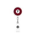 Close-up of retractable badge reel with red number 7 billiard ball design and metal clip - No.7 Ball
