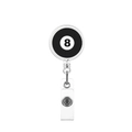Detail showing No. 8 billiards pattern retractable badge holder with PVC strap - 8-Ball