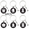6-piece chess theme silver alloy keychain set with black round pendants and mini chess charms - 6-Piece Set (Black)