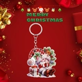 Close-up of 2D acrylic Christmas keychain featuring a cute Santa Claus with a metal ring - Santa Holding Hot Drink Style
