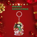 Detailed view of snowman acrylic keychain with festive Christmas tree and gift box design - Big Snowman Holding Christmas Tree Style