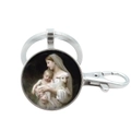 Detail of silver religious keychain with Saint Mary and Baby Jesus glass cabochon - Madonna and Child with Lamb (2)