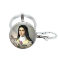 Detailed view of silver St. Therese religious pendant keychain with spring hook - St. Therese (5)