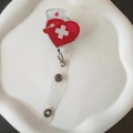 Detail of retractable badge holder with red heart and medical cross for nurse ID - Red Cross Nurse Hat Heart Style (4)