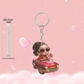 Porte-clés acrylique fille en voiture de sport rouge avec vue latérale plate 2D détaillée - Fille de Mode (7)