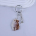 Detail view of cartoon cat resin keychain with realistic orange tabby and metal fishbone charm - Sitting Orange White Cat Style