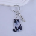 Detail of creative resin cat keychain with silver metal keyring and fishbone charm - Black White Cat Side View Style