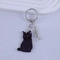 Detailed view of a black resin cat keychain with a silver metal fishbone charm and link chain - Pure Black Sitting Cat Style
