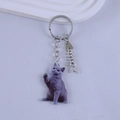 Detail view of acrylic grey British Shorthair cat keychain with silver fishbone charm - Gray British Shorthair Style