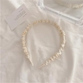 Pleated satin headband in cream white, elegant Korean style scrunchie hair accessory - White