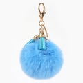 Portachiavi con pompon in pelliccia blu con chiusura dorata e nappe in pelle abbinate - Blu