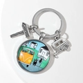 Detail of silver camping keychain with van charm and round cat bus glass pendant - Bright Yellow
