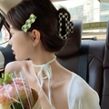 Green and white checkerboard wavy hair clip and black claw clip hair accessories set - Cream Green Wave
