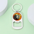 Polished silver metal bottle opener keychain featuring a black 8 ball and fire design - Black 8 Ball Flame Style