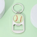Detail of silver metal keychain bottle opener featuring a baseball design and key ring - Red Stitched Baseball Style