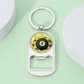Close-up of metal billiard 8-ball keychain with integrated bottle opener function - Black 8 Ball Sunburst Style