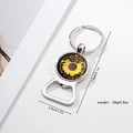 Detailed view of sunflower bottle opener keychain showing 7.9cm x 3.0cm dimensions - Sunflower Butterfly Slogan (Style 8)