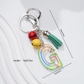Acryl-Regenbogen-Buchstabe G Schlüsselanhänger mit Glocken, Quaste und Maßen - Buchstabe G
