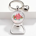 Silver cardinal bird bottle opener keychain with heart charm and festive holly glass dome - Two Cardinals Pine Holly Style (01)