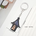 Detail view of Halloween ghost house keychain showing size dimensions and metal weight - Haunted House Bats