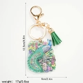 Portachiavi pavone in acrilico con motivi floreali e nappa verde, vista dimensione 12,5 cm - Pavone