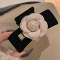 Elegant black velvet hair claw clip with cream fabric camellia flower decoration - Rectangle / Black (With Beige Flower)