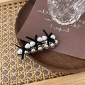 Fermagli per capelli vintage con perle e fiocchi di seta neri con finitura dorata - Fermaglio per Capelli con Perla e Fiocco Nero (B-2329)