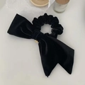 Elegant black velvet bow hair scrunchie with a gold metal pendant on white background - Black (A-3356-1)