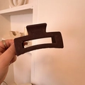 Close-up of a large brown velvet hair claw clip with a hollow rectangular structure - Square / Dark Coffee